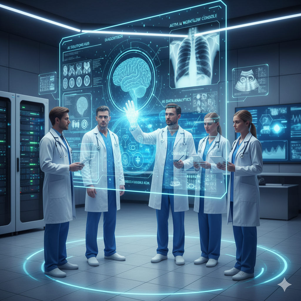 Doctors using an advanced holographic display for Artificial Intelligence in Healthcare, featuring imaging artificial intelligence scans, artificial intelligence solutions, health artificial intelligence data, and artificial intelligence data analytics.