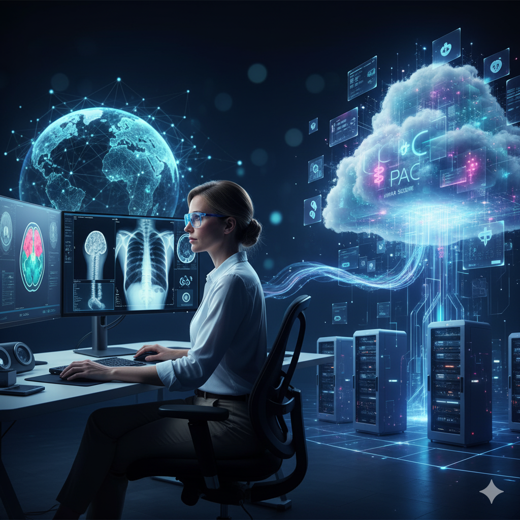 Teleradiology expert uses monitors for global medical imaging.
