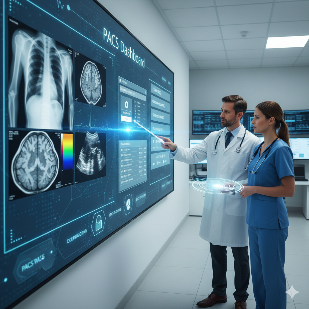 A male doctor and a female nurse examine a large digital display showing a PACS radiology system. The screen features various medical images (X-ray, MRI, ultrasound), a PACS dashboard with patient data, and options for Cloud PACS, cloud based PACS, and on premise