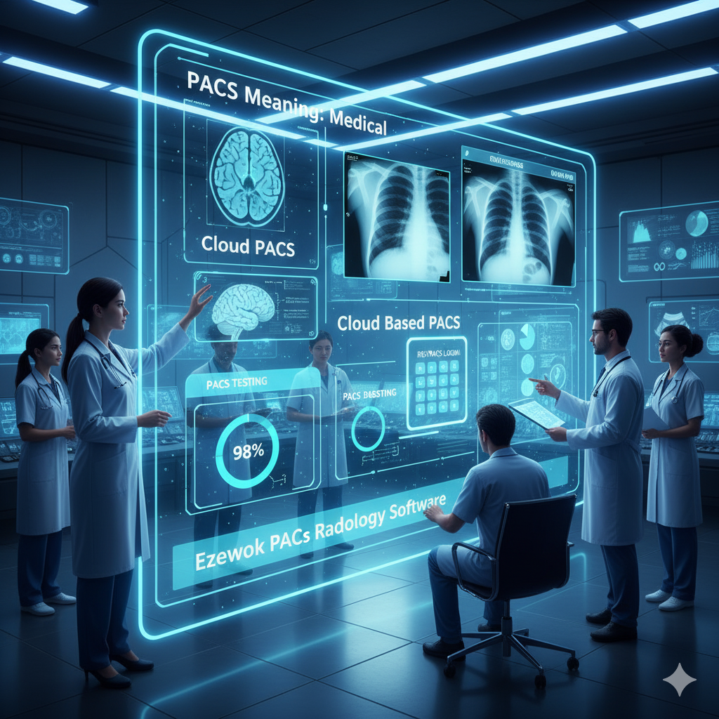 A team of medical professionals in a high-tech control room interacting with a large, glowing holographic display of a PACS radiology system. The display features medical images (brain scan, X-rays), text for "PACS Meaning: Medical," "Cloud PACS," "Cloud Based PACS," and shows elements like a pacs dashboard, "RIS PACS Login," a "PACS Testing" progress bar, and "Ezewok PACS Radiology Software." This illustrates a comprehensive pacs system radiology environment.