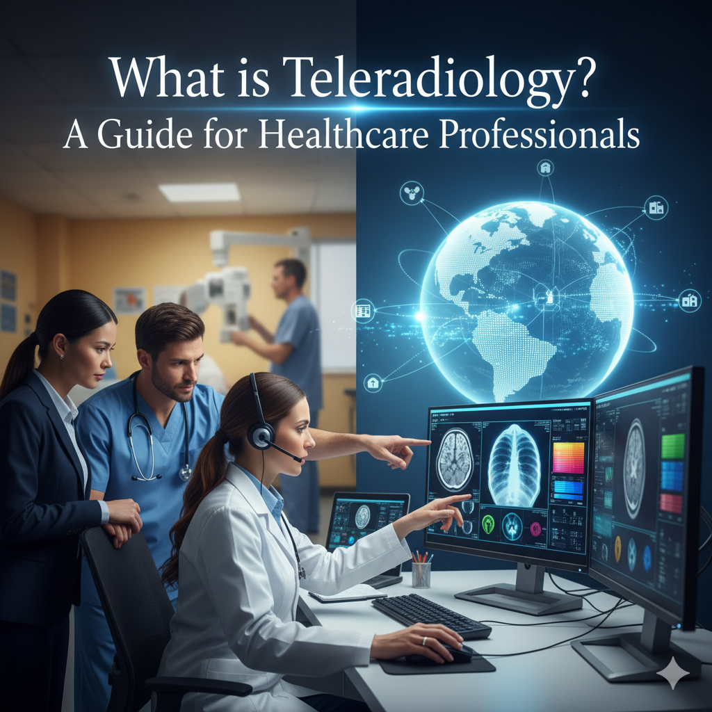 A split image showing the core elements of teleradiology. On the left, healthcare professionals (a doctor, a nurse, and an administrator) are in a modern clinic setting with medical equipment in the background. On the right, a radiologist with a headset performs a teleradiology login on multiple screens displaying medical images (brain scans, X-rays). Above her, a glowing digital globe with connected icons symbolizes Teleradiology services and Teleradiology solutions, highlighting global reach and Cloud PACS for teleradiologist jobs.
