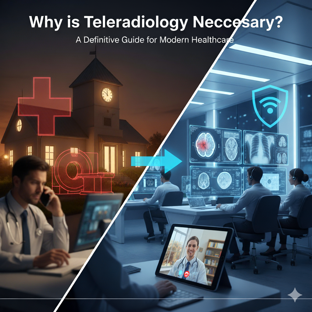 A split image showing a traditional hospital exterior with a doctor on the phone on one side, and a modern teleradiology center with professionals viewing medical scans remotely on the other. An arrow bridges the two scenes, symbolizing the connection provided by teleradiology.