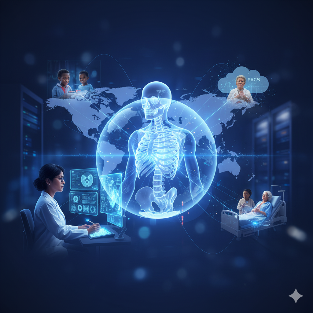 A female radiologist uses a computer with medical scans, surrounded by a glowing blue human skeleton and a world map. Interconnected lines show remote patients (children, elderly) and a hospital bed, symbolizing global teleradiology and Cloud PACS for universal healthcare.