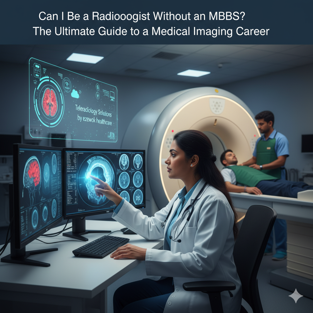 A female radiologist in a white coat analyzing brain scans on multiple monitors, with a male radiology technologist assisting a patient into an MRI machine in the background. A holographic overlay shows "Teleradiology Solutions by ezewok healthcare".