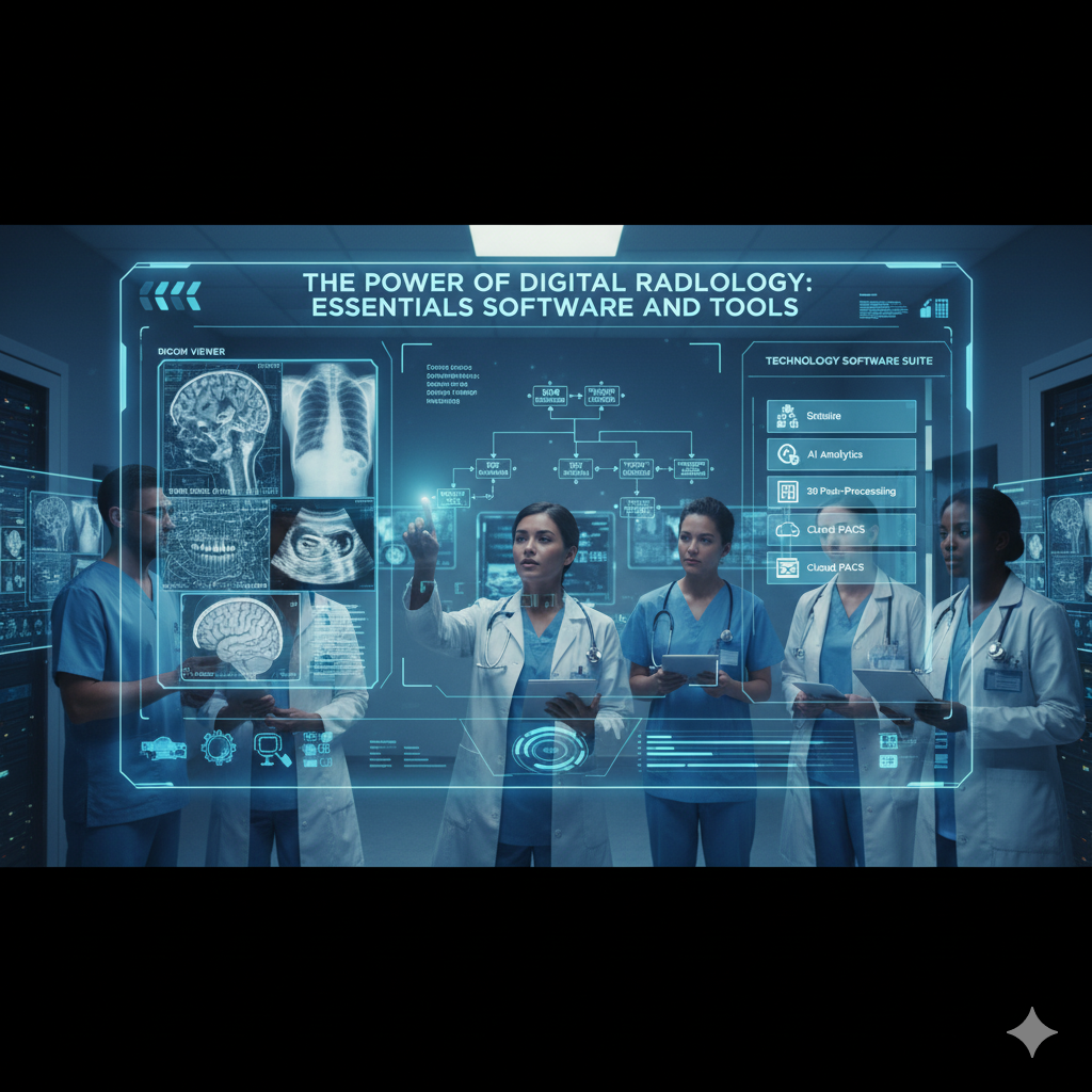 Medical team using digital radiology software and tools with EMR systems, DICOM viewer, and technology software.