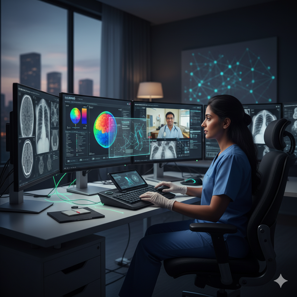 A female radiologist uses advanced teleradiology workstation with multiple screens showing CT scans, MRI images, and AI diagnostic tools for remote medical imaging consultation.
