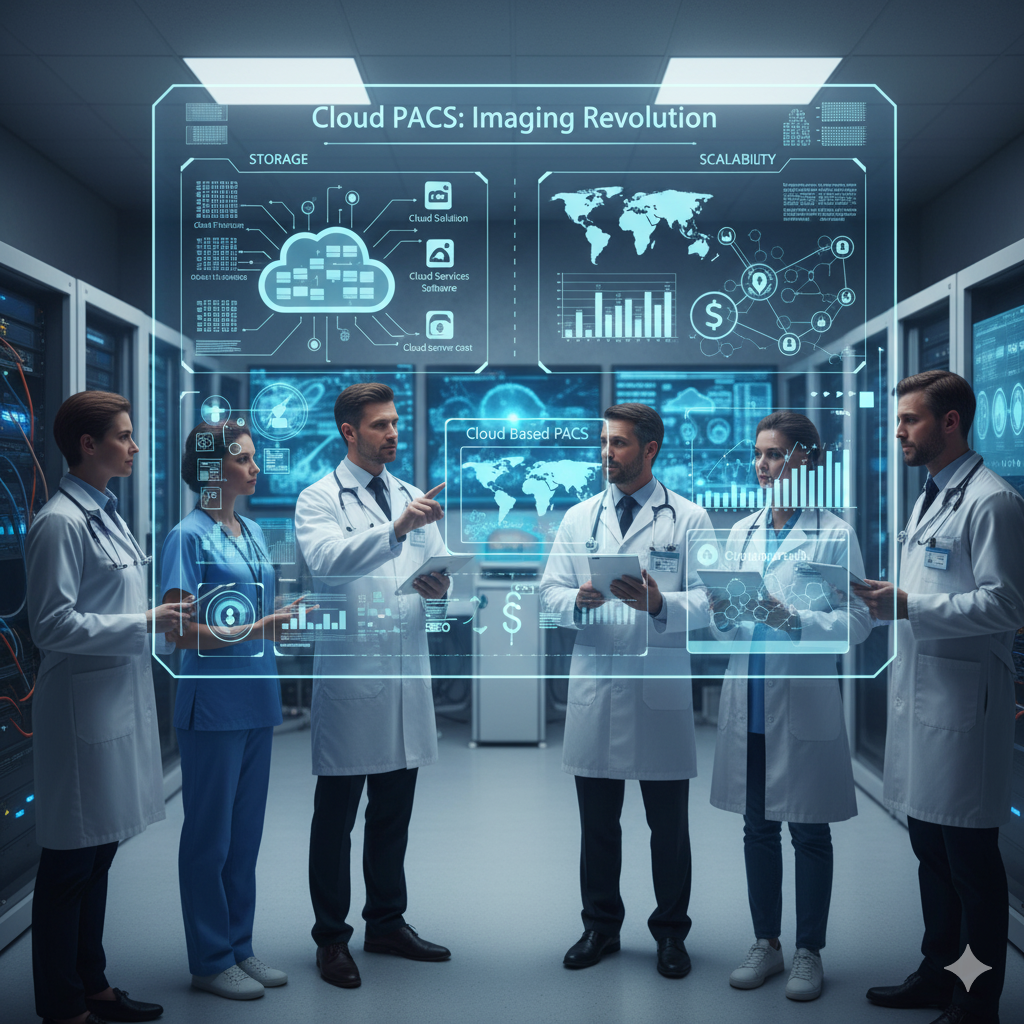 Medical team discusses Cloud PACS, showing cloud solution, cloud IT services, cloud server cost, cloud platform as a service, company cloud, cloud imaging, and cloud based PACS for storage and scalability.
