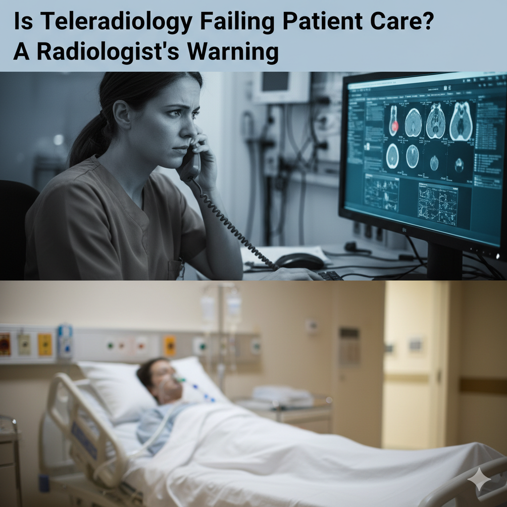 A split-panel image. The top panel shows a concerned radiologist on the phone looking at brain scans. The bottom panel shows a blurry patient in a hospital bed.