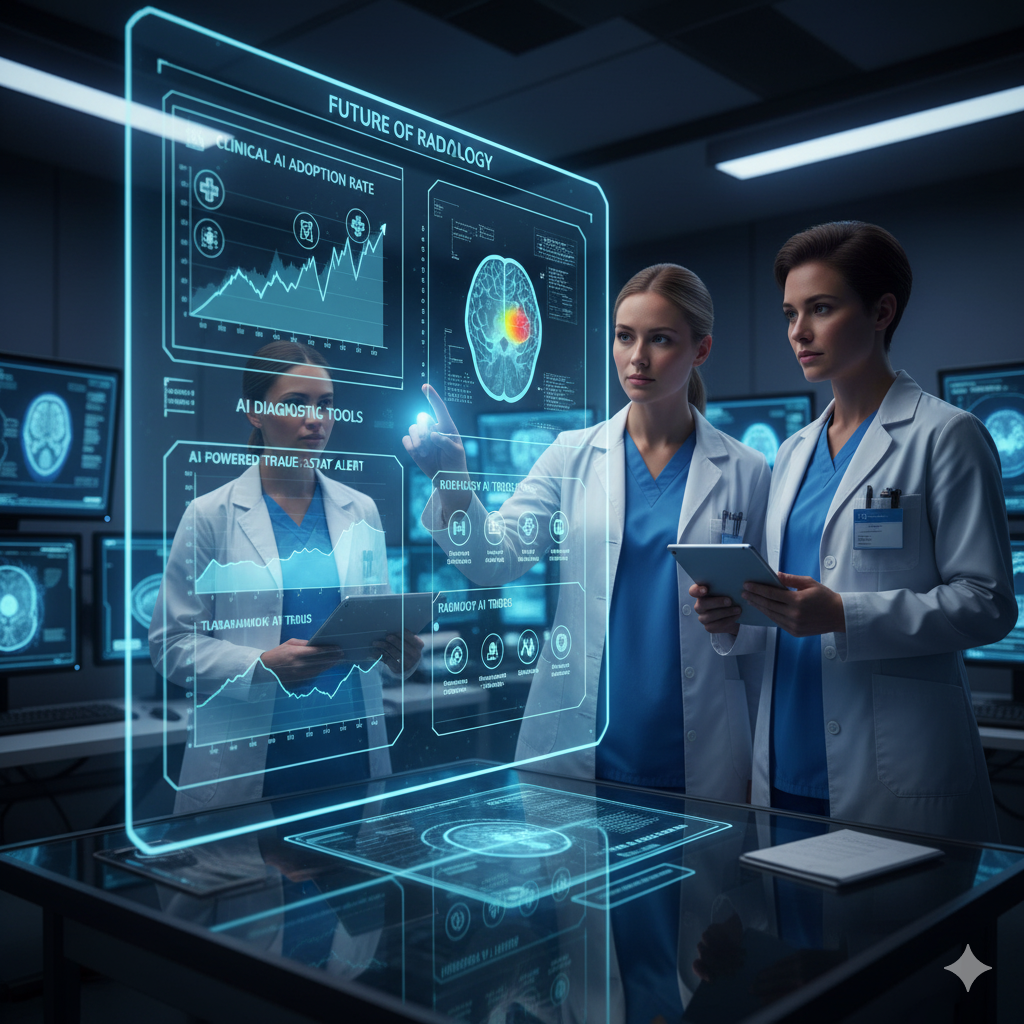 Doctors analyze AI in Radiology 2025, showing Radiology AI Trends, Clinical AI Adoption, AI Diagnostic Tools, Future of Radiology.