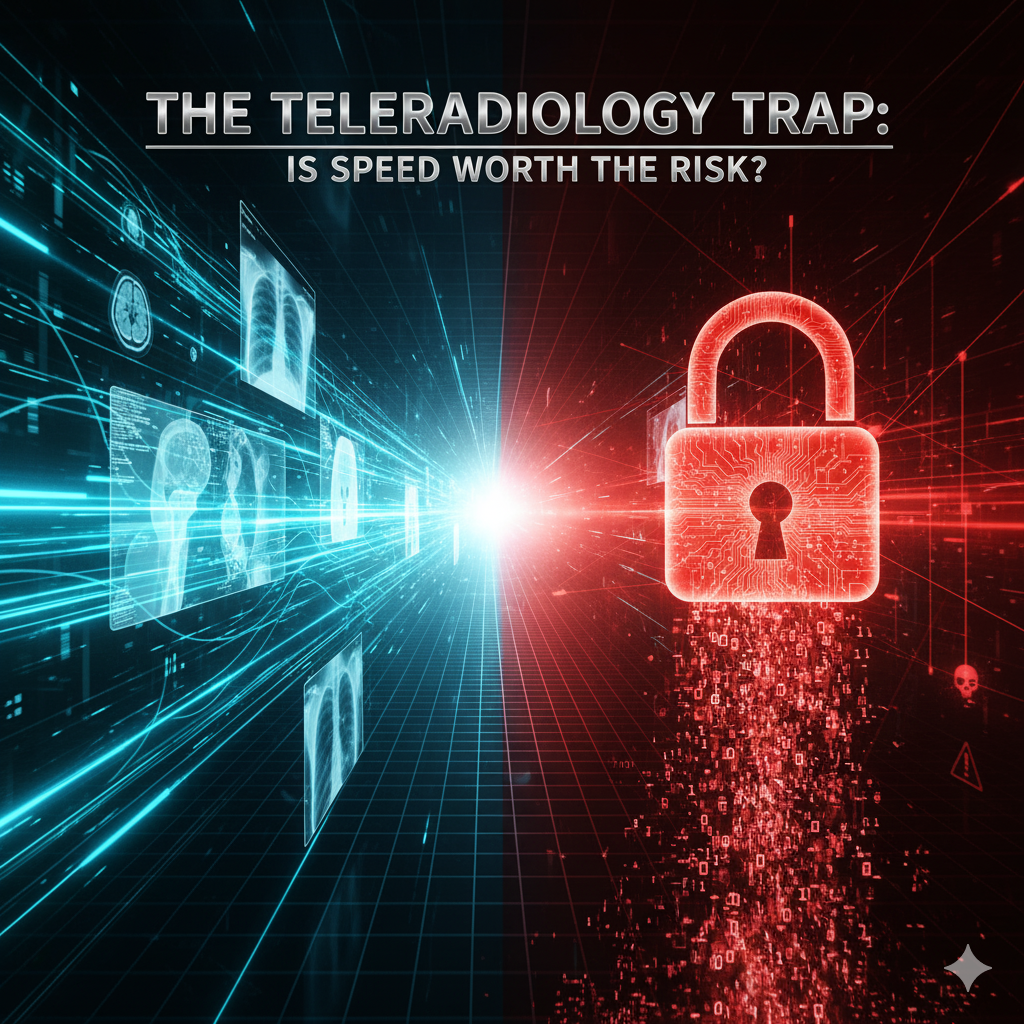 A digital image split into two halves. The left side shows glowing blue lines of data flowing towards the center, with medical scans (X-rays, MRI of a brain, torso) integrated into the data stream, representing "Speed." The right side shows a glowing red digital padlock with binary code dissolving below it and small skull icons in the background, representing "Risk" and cybersecurity threats. The blog title "The Teleradiology Trap: Is Speed Worth the Risk?" is prominently displayed across the top.